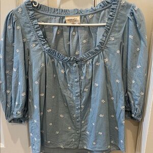 Sezane Blue Blouse with White Floral Embroidery